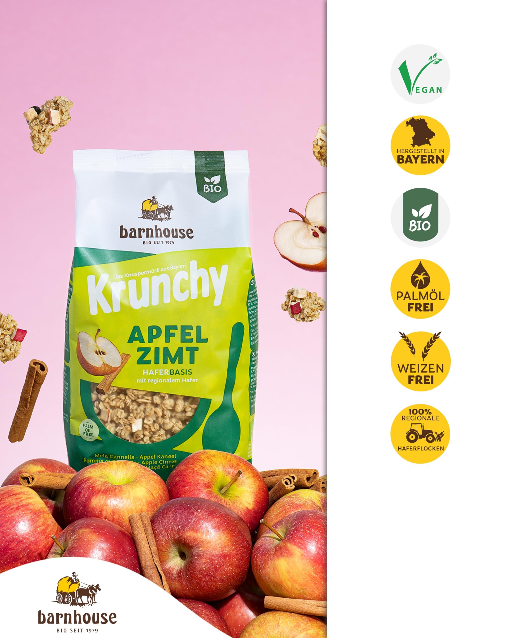 Barnhouse Krunchy Apfel-Zimt, Bio Hafer-Knuspermüsli aus Bayern, mit köstlichen Apfelstückchen und aromatischem Zimt, 6 x 750 g