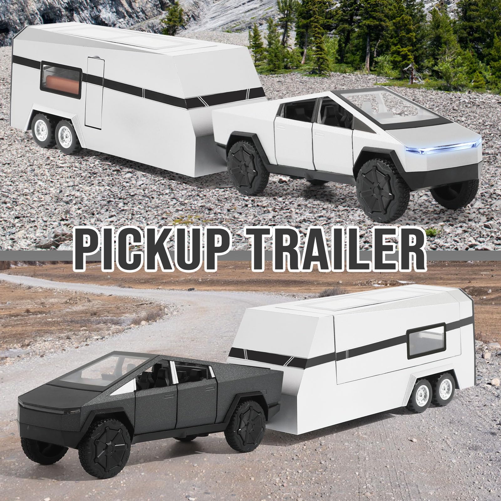 1/32 Alloy Diecast Toy Truck and Trailer Set, Car Trailer Model with Lights and Sound, Pull Back Feature, Truck and Trailer Toys for Boys, Perfect Birthday for Boys (Silver) 4