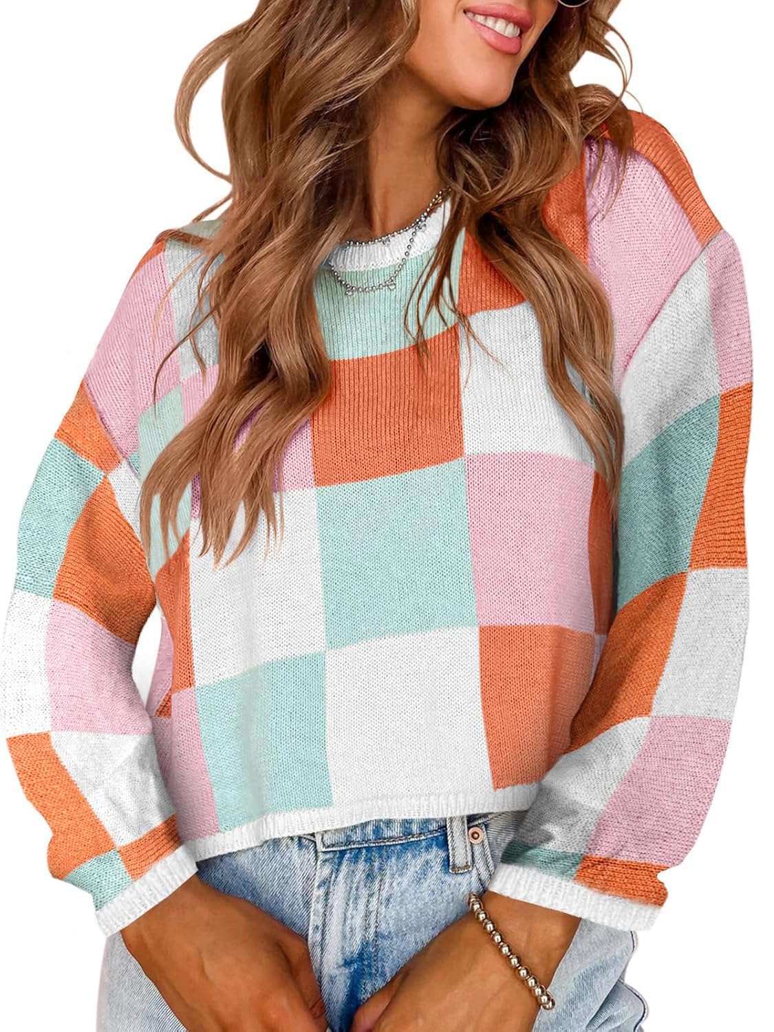 IDEALSANXUN Womens Color Block Cropped Sweater Fall Winter Trendy Cute Long Sleeve Knit Sweater Tops