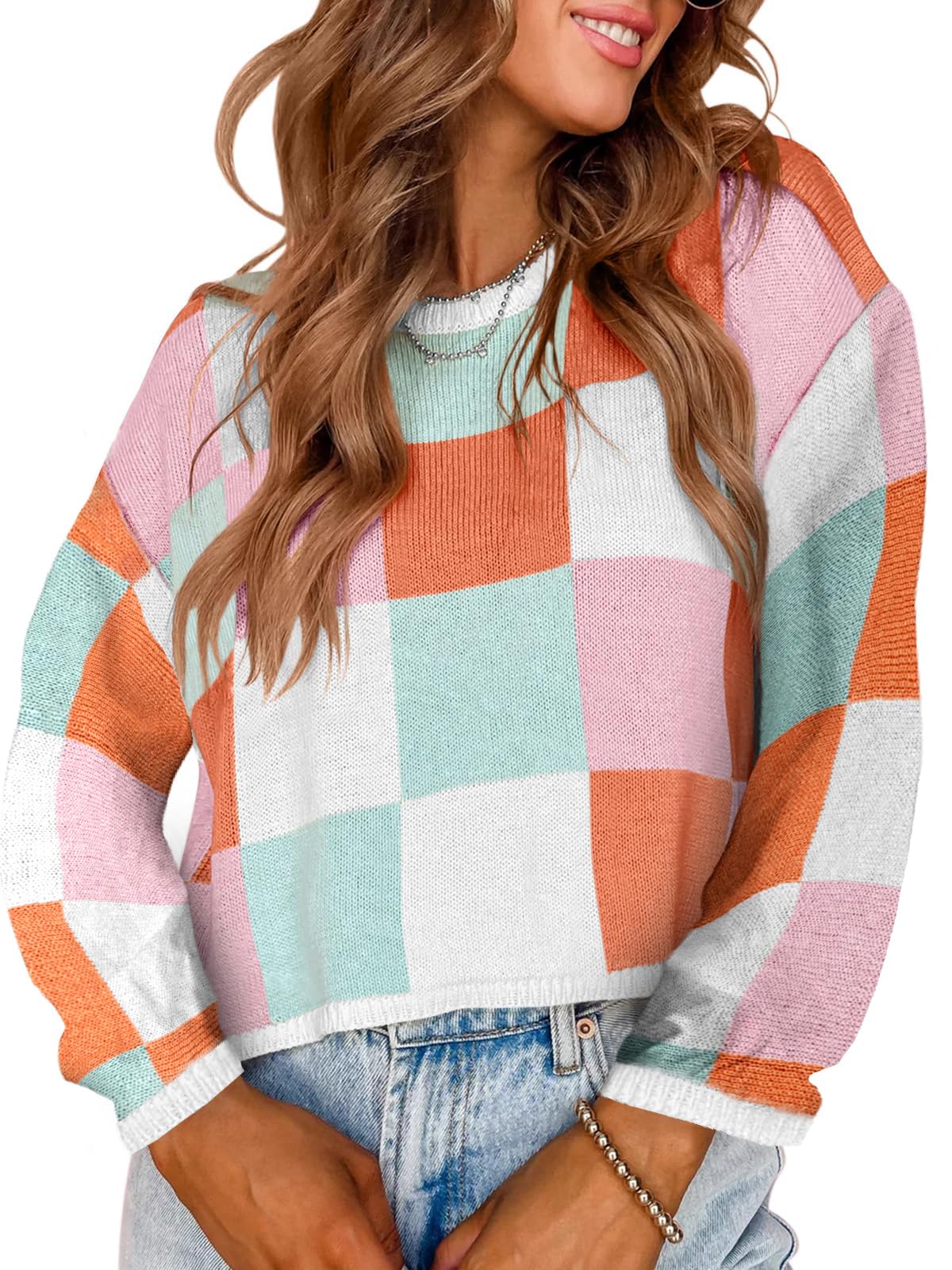 IDEALSANXUN Womens Color Block Cropped Sweater Fall Winter Trendy Cute Long Sleeve Knit Sweater Tops