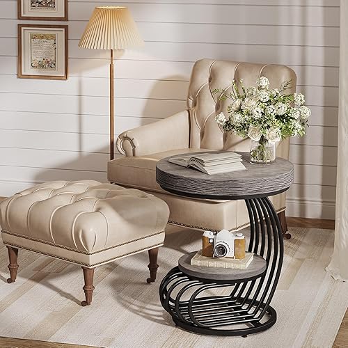 Miniatura 6 de Tribesigns Mesa auxiliar redonda, mesa auxiliar de madera de 2 niveles con almacenamiento de estantes, mesita de noche lateral para sofá pequeño,