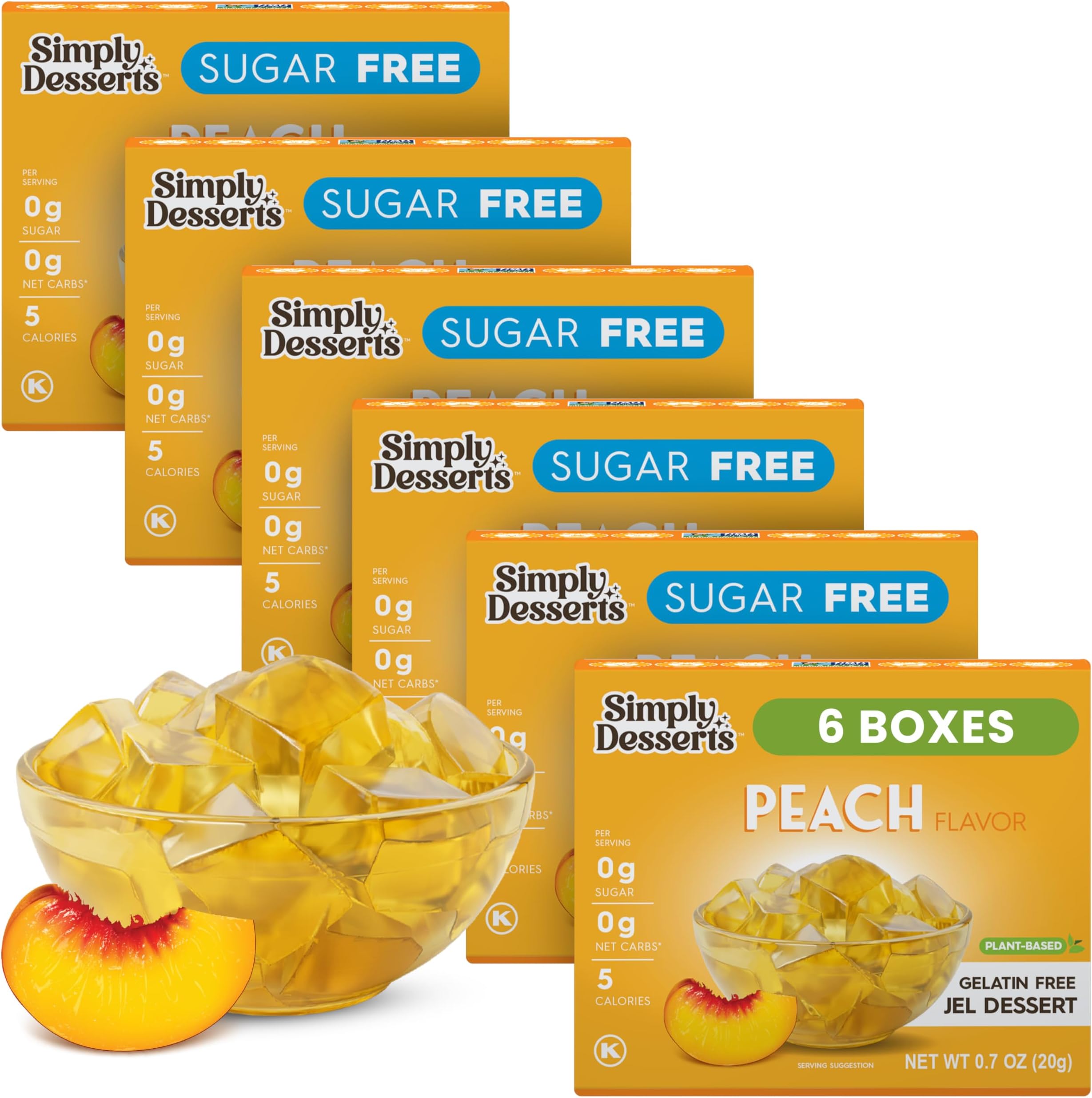 Simply Delish Natural Peach Jel Dessert - Sugar Free, Non GMO, Gluten Free, Fat Free, Lactose Free (0.7oz, Pack of 6)