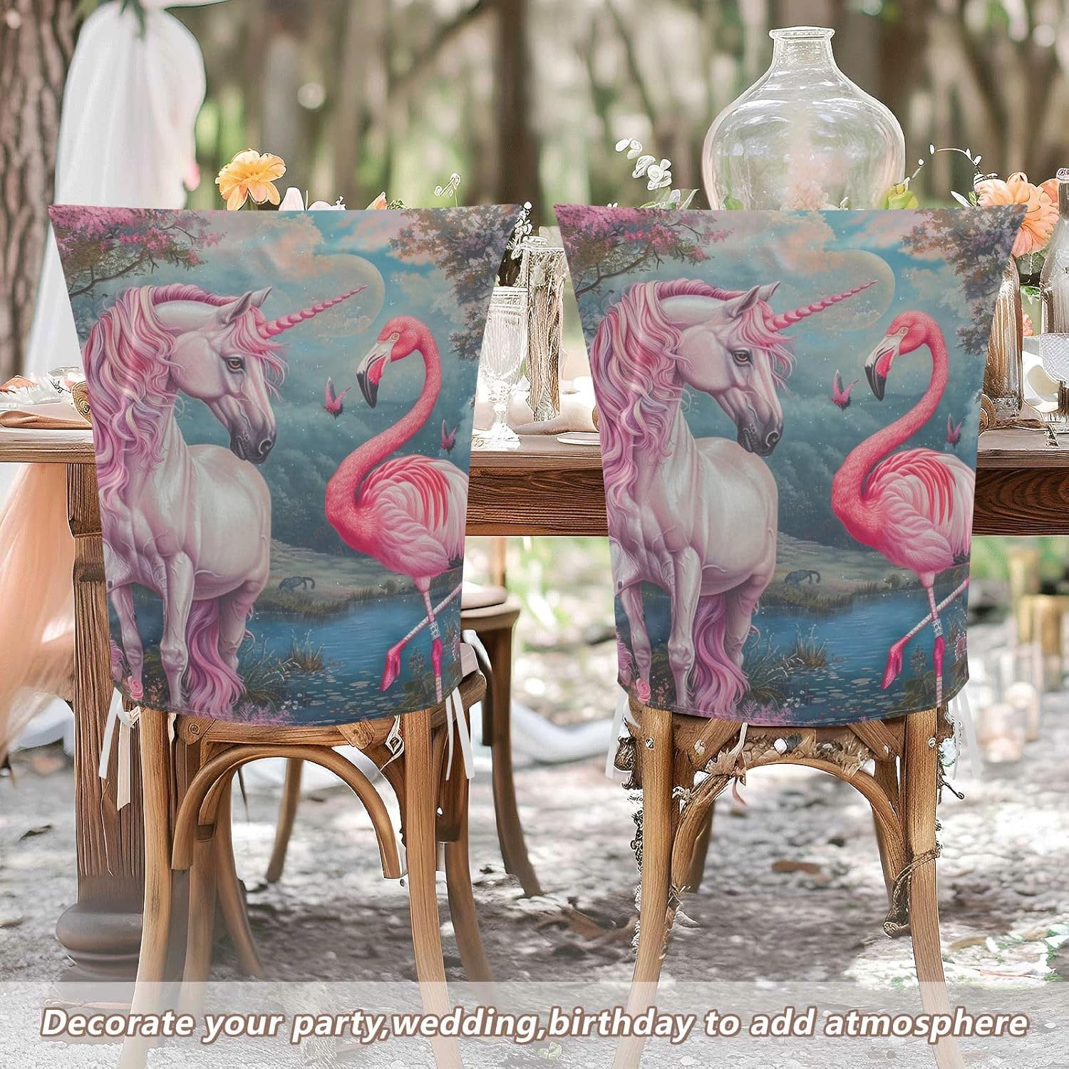 ALAZA Unicorn and Flamingo Chair Back Cover Set of 6, Washable Reusable Removable Chair Slipcovers Decorative Chair Cover for Home Kitchen Wedding Party