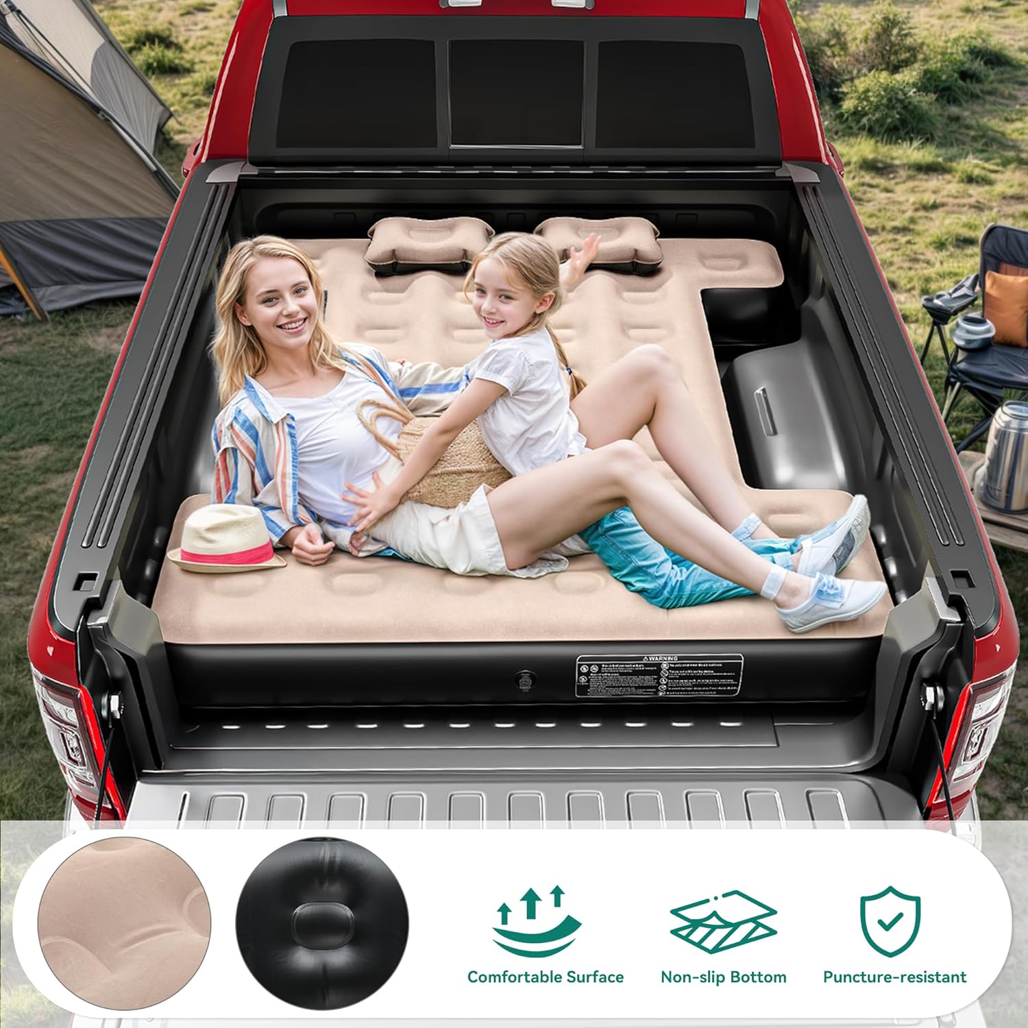 YITAHOME Truck Bed Air Mattress for 5.5-5.8 ft Full-Size Short Truck Beds, Inflatable Car Mattress Bed with Pump, Pillows, Carry Bag & Repair Kit for Outdoor, Travel, Camping (Black&Brown)