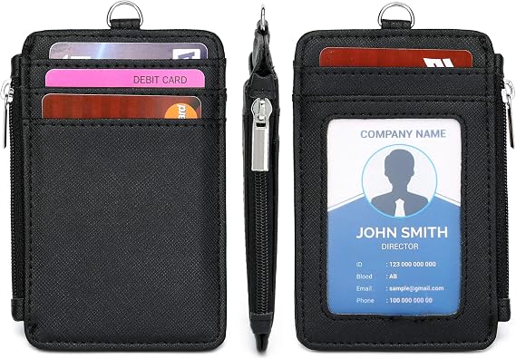 ID Badge Holder with Neck Lanyard PU Leather ID Badge Wallet Case with 1 ID Window, 4 Card Slots, 1 Side Zipper Pocket (2PCS Black)