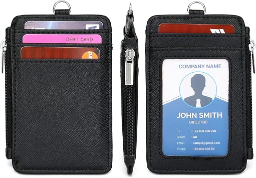ID Badge Holder with Neck Lanyard PU Leather ID Badge Wallet Case with 1 ID Window, 4 Card Slots, 1 Side Zipper Pocket (2PCS Black)