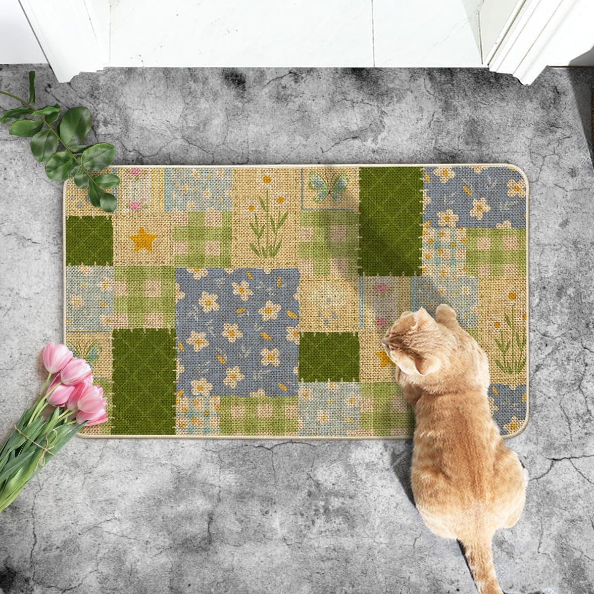 Artoid Mode Check Pattern Flowers Floral Spring Doormat,Home Decor Door Mat Low-Profile Switch Rug Floor Mat for Indoor Outdoor 17x29 Inch