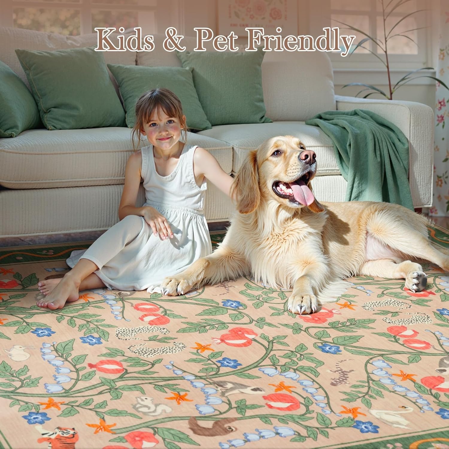 OJIA Washable Area Rugs 5x7, Soft Green Rug for Living Room Bedroom Nursery Rug Floral Animal Print Kids Playroom Carpet Ultra-Thin Boho Throw Large Carpet for Dining Room Classroom - Image 8