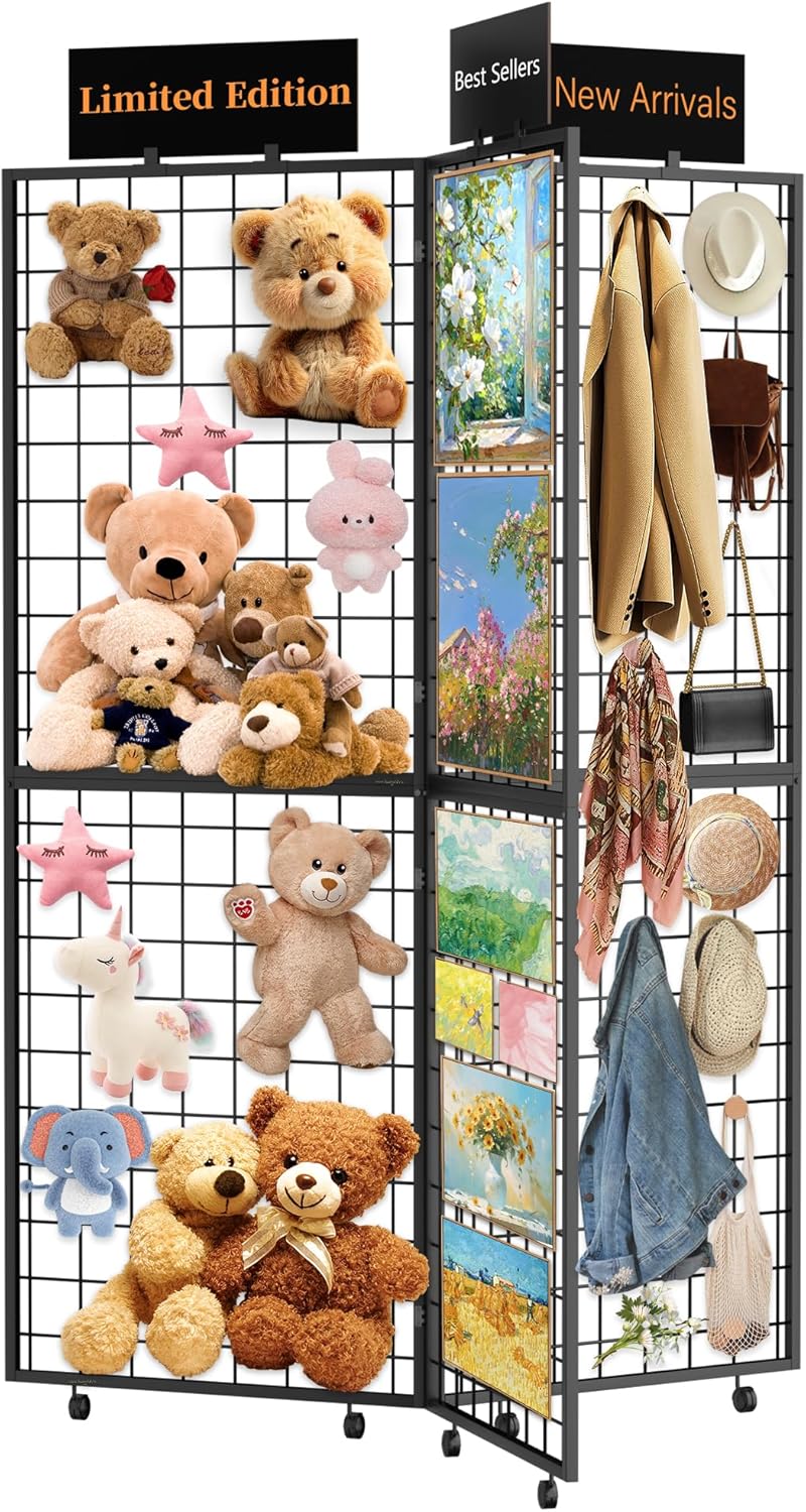 360° Foldable Grid Wall Panel, Three 6' x 4.25' Ft Double Side Gridwall Display Stand with Notice board, Heavy Duty Sturdy Floorstanding Wire Grid Rack, Movable Wheel for Retail Art Craft Fairs