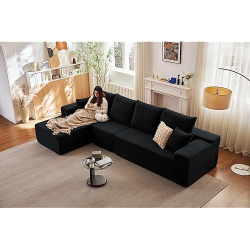 135” Cloud Sectional Couch, Boneless Sofa for Living Room, Modular Sectional Sofa with Deep Seat, Fluffy Couch with L-Shaped Chaise, No Assembly Required Black