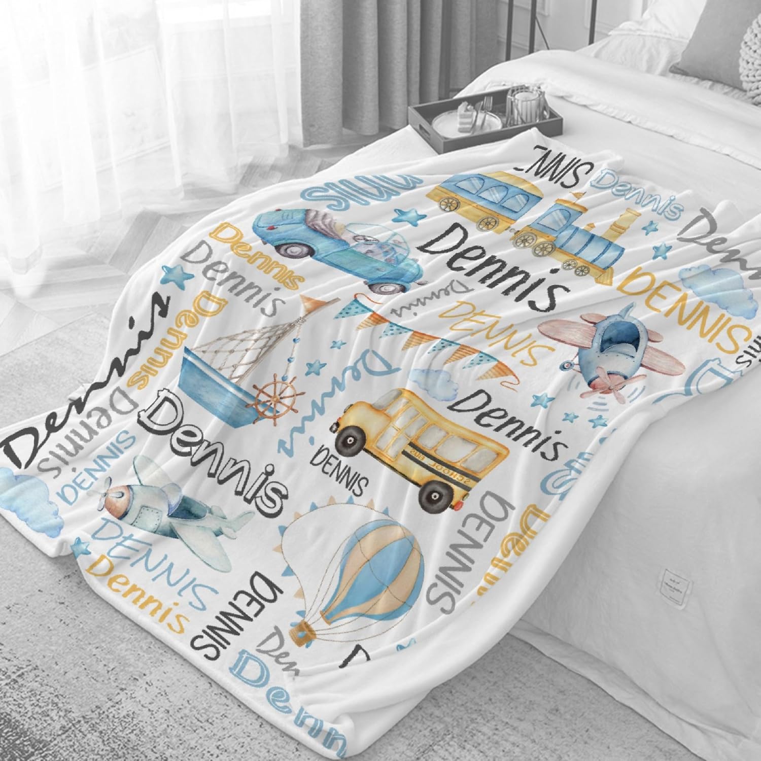 Personalized Cartoon Baby Trucks Name Blanket Gifts for Boys Girls, Transportation Custom Name Fleece Blanket - Soft Cozy Throw for Kids 40"x50" Customized Child Bedroom Decor Perfect for Bed Sofa