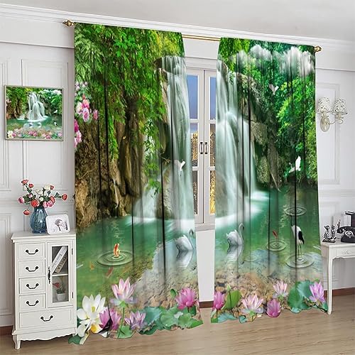 Miniatura 4 de Cortina con diseño de cascada, estilo japonés, cascada, montaña, nube, barco, flores, escenas de ensueño, decoración del hogar, ventana, con
