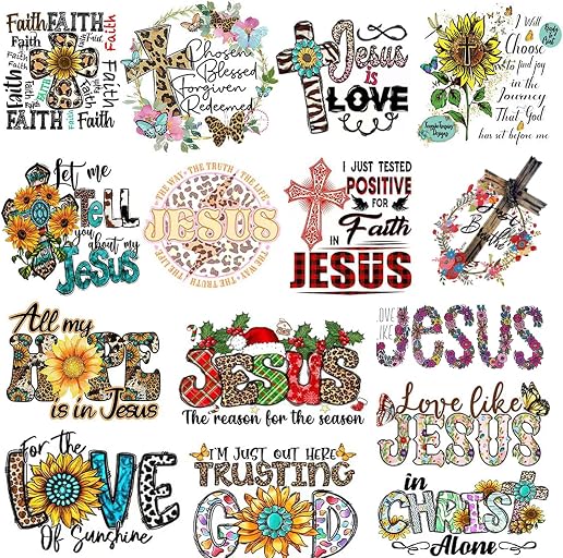 15PCS Jesus God Patches Iron on Transfer Stickers for Clothing Decorations Jesus God Love Letter Pattern Washable Iron on Appliques Heat Transfer Vinyl Decals for T-Shirt or Bags (15PCS)