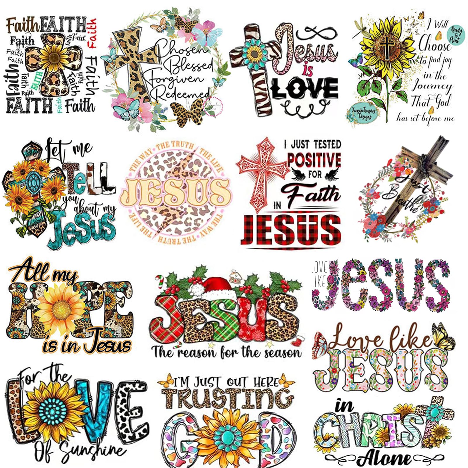 15PCS Jesus God Patches Iron on Transfer Stickers for Clothing Decorations Jesus God Love Letter Pattern Washable Iron on Appliques Heat Transfer Vinyl Decals for T-Shirt or Bags (15PCS)