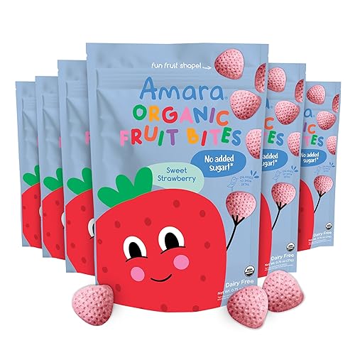 Amara Bocadillos de frutas orgánicas de fresa dulce, sin azúcar añadido, sin lácteos, sin nueces, hechos con alimentos integrales orgánicos,