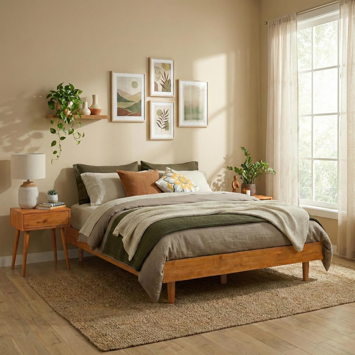 NTC Fly Wooden Bed Frame Without Headboard, Solid Oak and Rubber Wood Foundation with Silent Slats and Wood Central Supports, 1000 Lb Capacity, Effortless Assembly, Queen - Rustic Oak