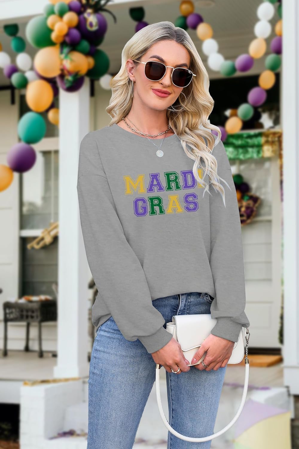 Mardi Gras Sweatshirts for Women Mardi Graphic Long Sleeve Shirts Fat Tuesday Tshirt Carnival Pullover Casual Top - Image 3