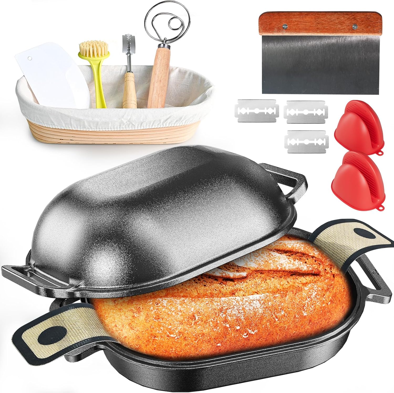 Advanced Cast Iron Dutch Oven for Baking, With Banneton Bread Proofing Basket & Baking Supplies, 5QT Multi-Functional Dutch Oven Pot with Lid, Cast Iron Bread Pan, Black
