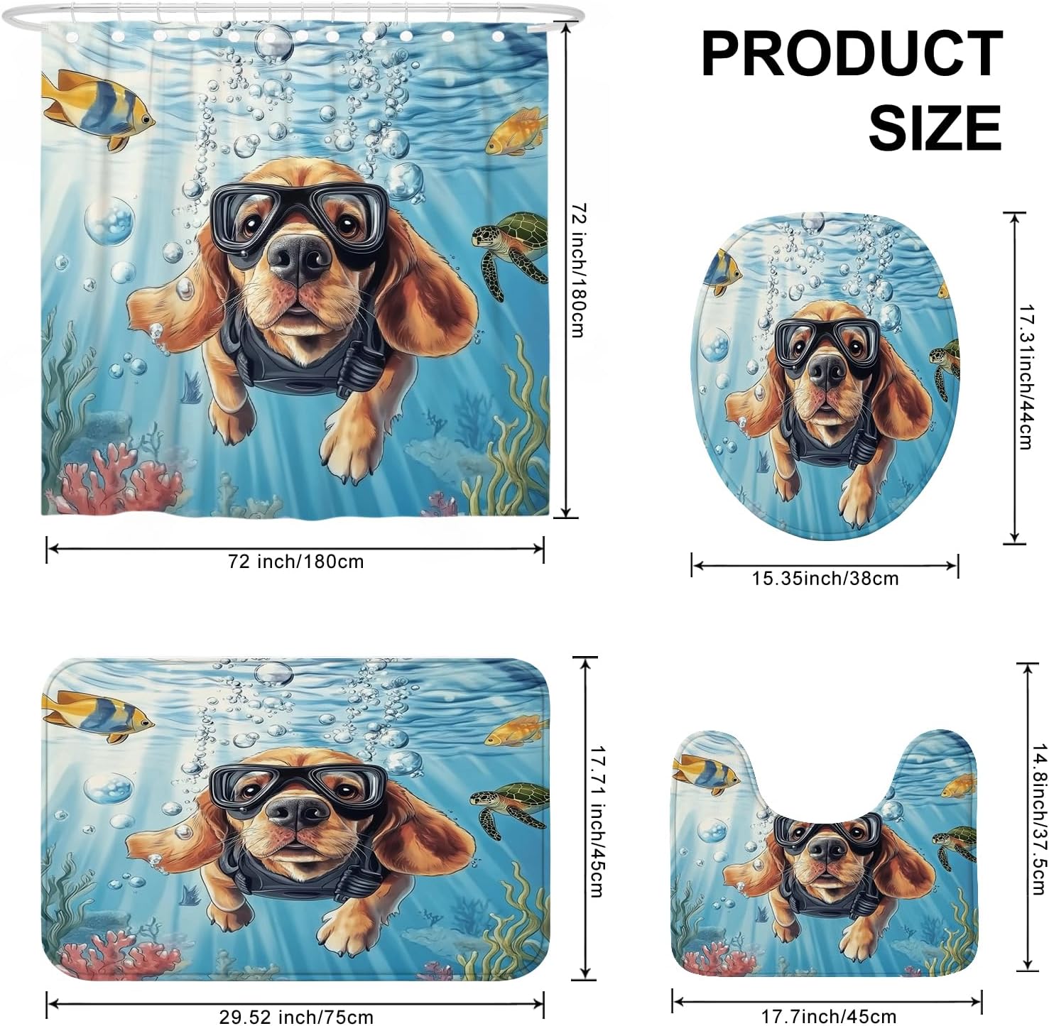 4PCS Spring Bloodhound Dog Bathroom Accessory Sets with Non-Slip Rug, U Shape and Toilet Lid Cover Mat, Fun Puppy Kids Ocean Anime Bathroom Decorative-72''x72''