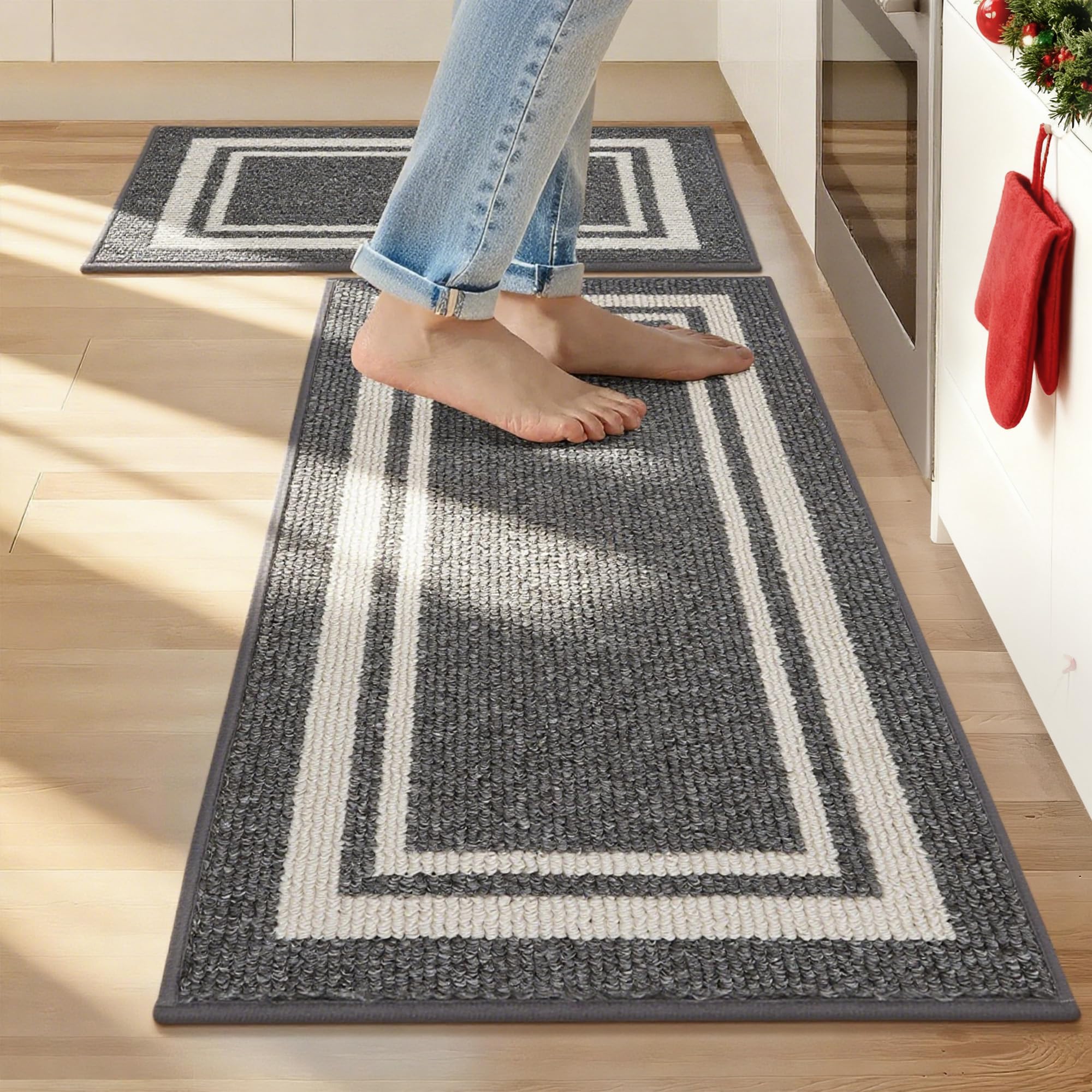 COSY HOMEER Nonslip Kitchen Runner Rug Set 2 Pieces, 61x90cm+61x152cm, Absorbent and Machine Washable Kitchen Floor Mats, 100% Polypropylene Carpet Runners for Anti Water Splashes, Grey
