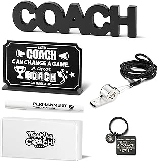 WATINC 5pcs Thank You Coach Gifts, Thanks Coach Wooden Sign Keychain Pen Steel Whistle with Rope, Basketball Softball Soccer Hockey Baseball Football Teacher Appreciation Table Decor for Women Men