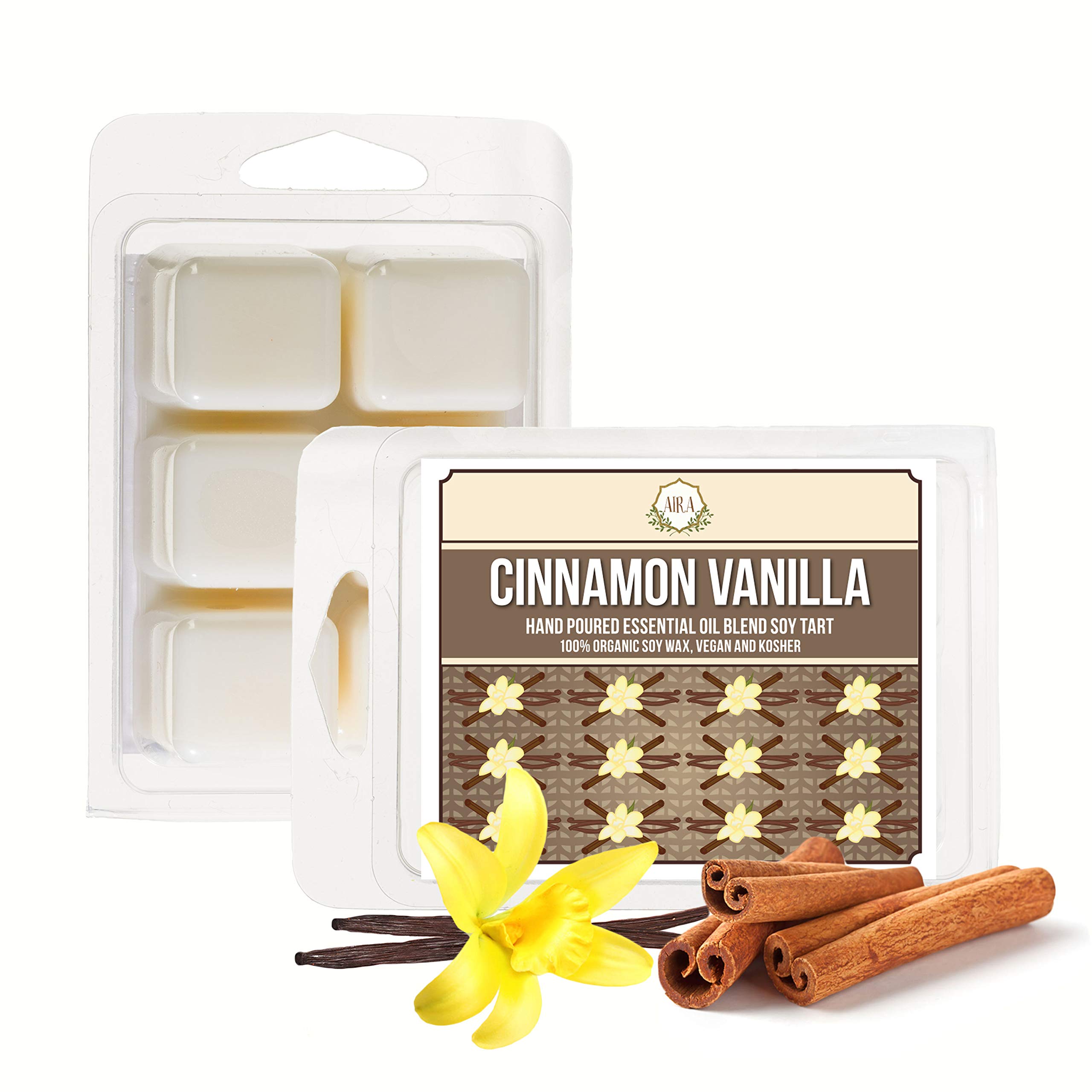 Aira Soy Wax Melt - Organic, Vegan, Kosher, Scented Soy Wax Cubes w/Essential Oil Blends - No Chemical 100% Soy Wax Melts for Tealight Melters - Hand-Poured Soy Tarts - Cinnamon Vanilla - 2 Pack