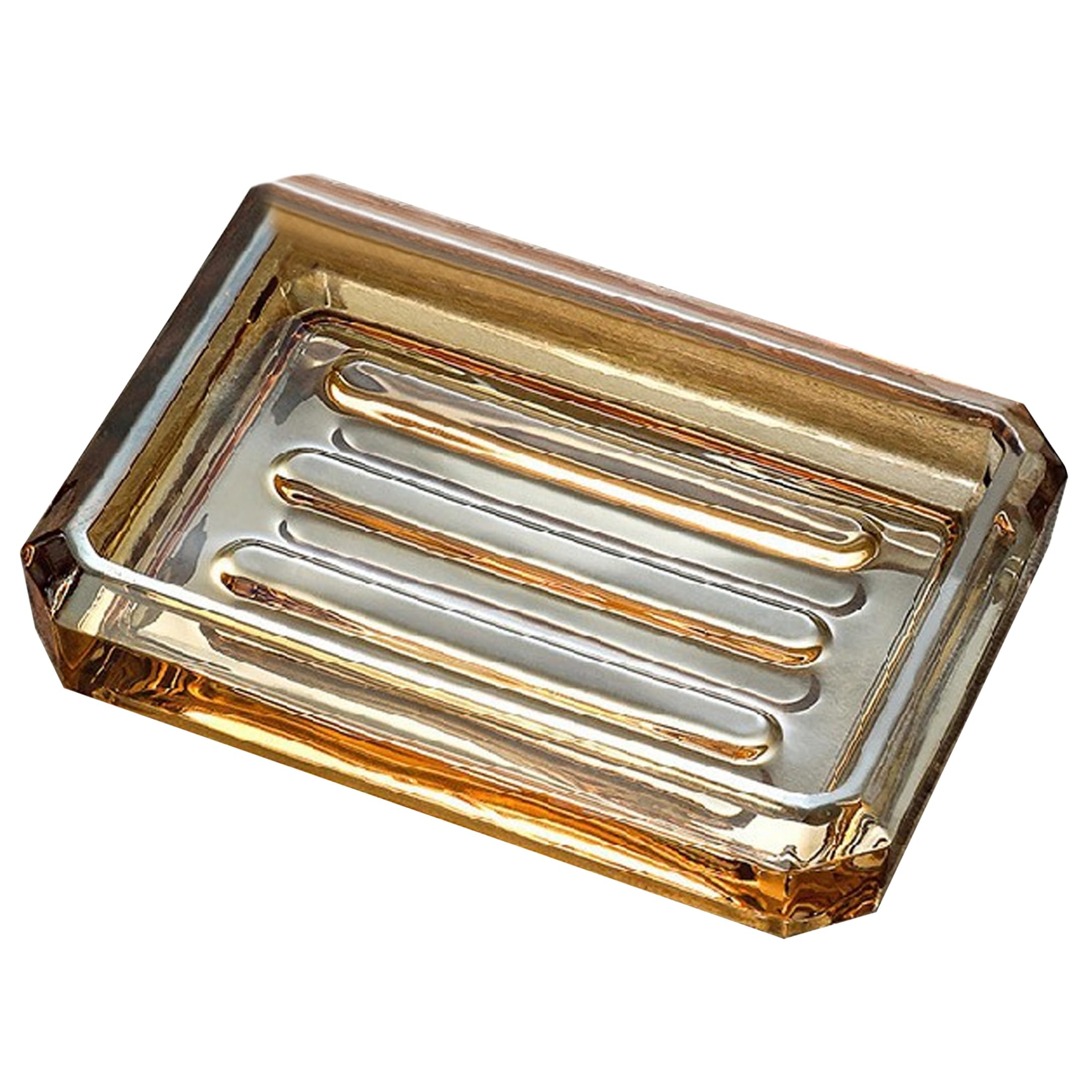 Bemonew soap dish Glass Soap Dish With Drainage Grooves, Square For Bar Bathroom and Kitchen Gold Stripes