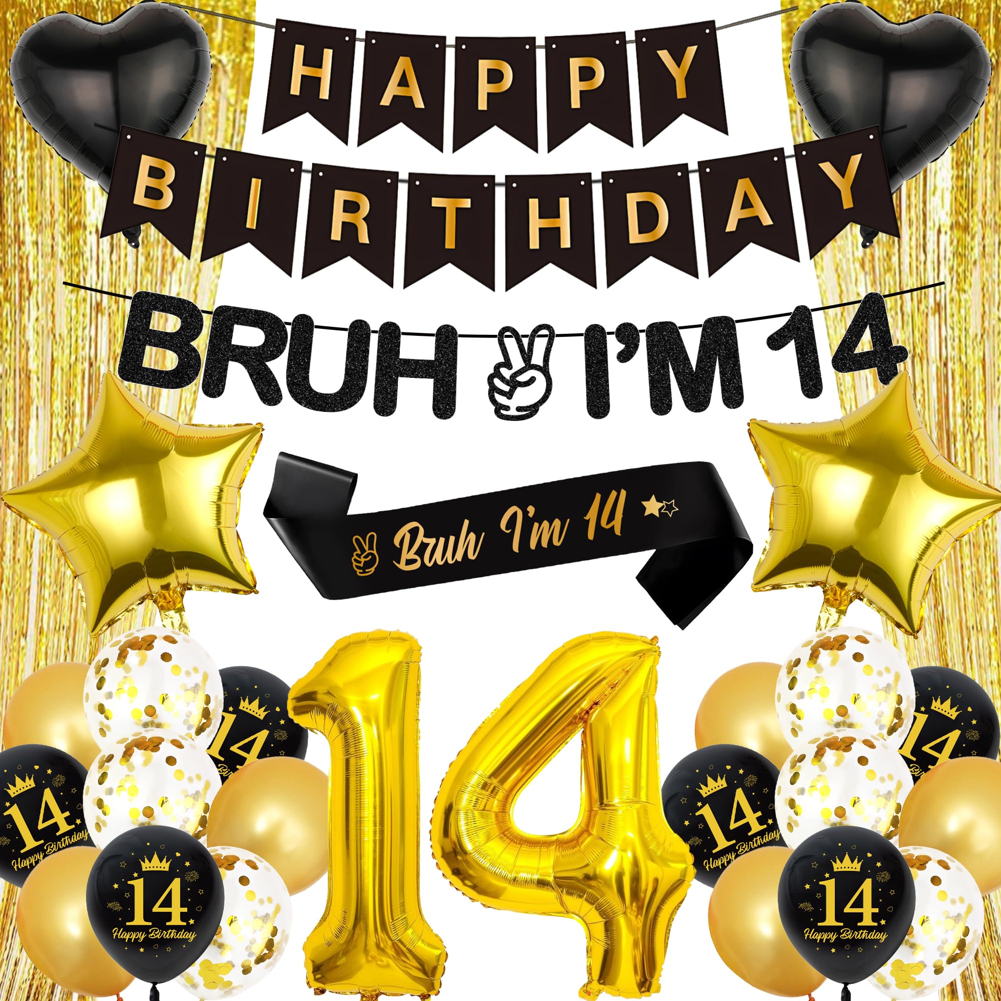 14th Birthday Decorations Balloons Banner - 28 Pcs Boys Black Gold Happy Birthday Banner Decorations Bruh I'M 14 Banners Curtain Backdrop Foil Balloons for 14 Years Old Boy Party Decor Supplies