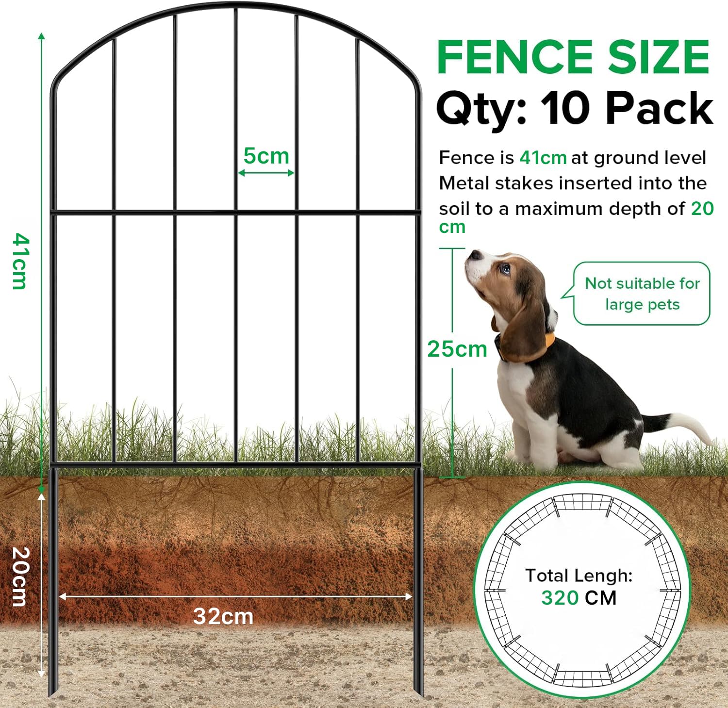 WELDUN Garden Fence, Total 320CM(L) x 61CM(H) 10 Pcs Fencing Animal Barrier, Rustproof Metal Fence Panels - Image 2