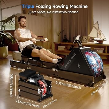 Rowing Machine for Home Gym, Water Resistance Rower Machine,Triple Folding Rowing Machine with LED Monitor, App Compatible Walnut
