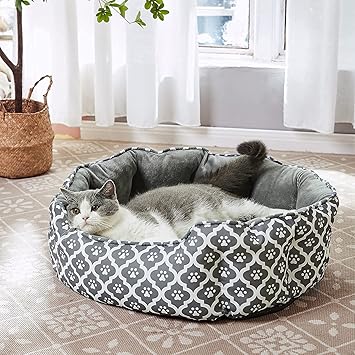 Small Dog Bed & Big Cat Bed, Round Pet Beds for Indoor Cats or Small Dogs, Round Machine Washable Super Soft & Plush Flannel Pet Supplies, Slip-Resistant, Grey Dog Footprints Pattern