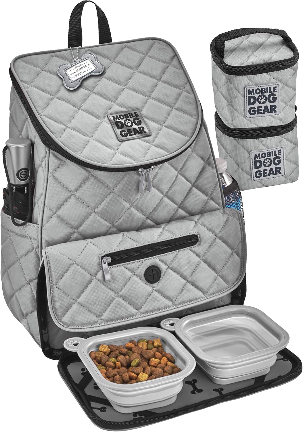 Mobile Dog Gear, Dog Travel Bag, Deluxe Quilted Weekender Backpack, Includes Lined Food Carriers and 2 Collapsible Dog Bowl, Gray