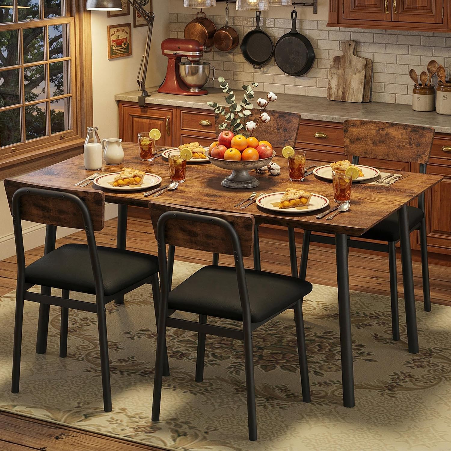 Garvee Dining Table Set for 4 with 4 Upholstered Chairs, Dining Room Table Set for 4 w/Beveled Edge Design, Wood Kitchen Table Chairs Set of 4 for Dining, Kitchen Room, Apartmen,Rustic Brown