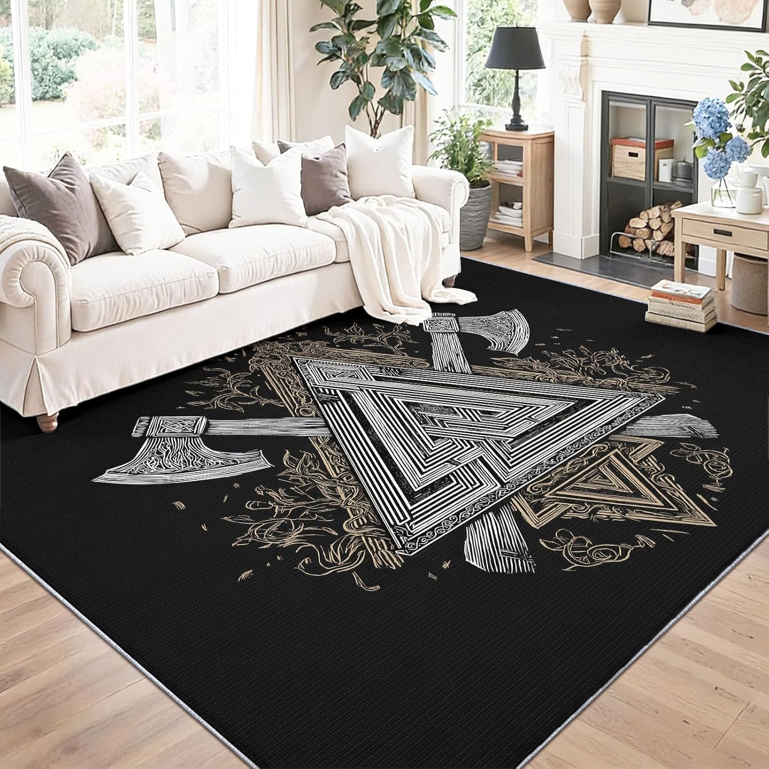 Alfombra negra estilo vikingo geométrico