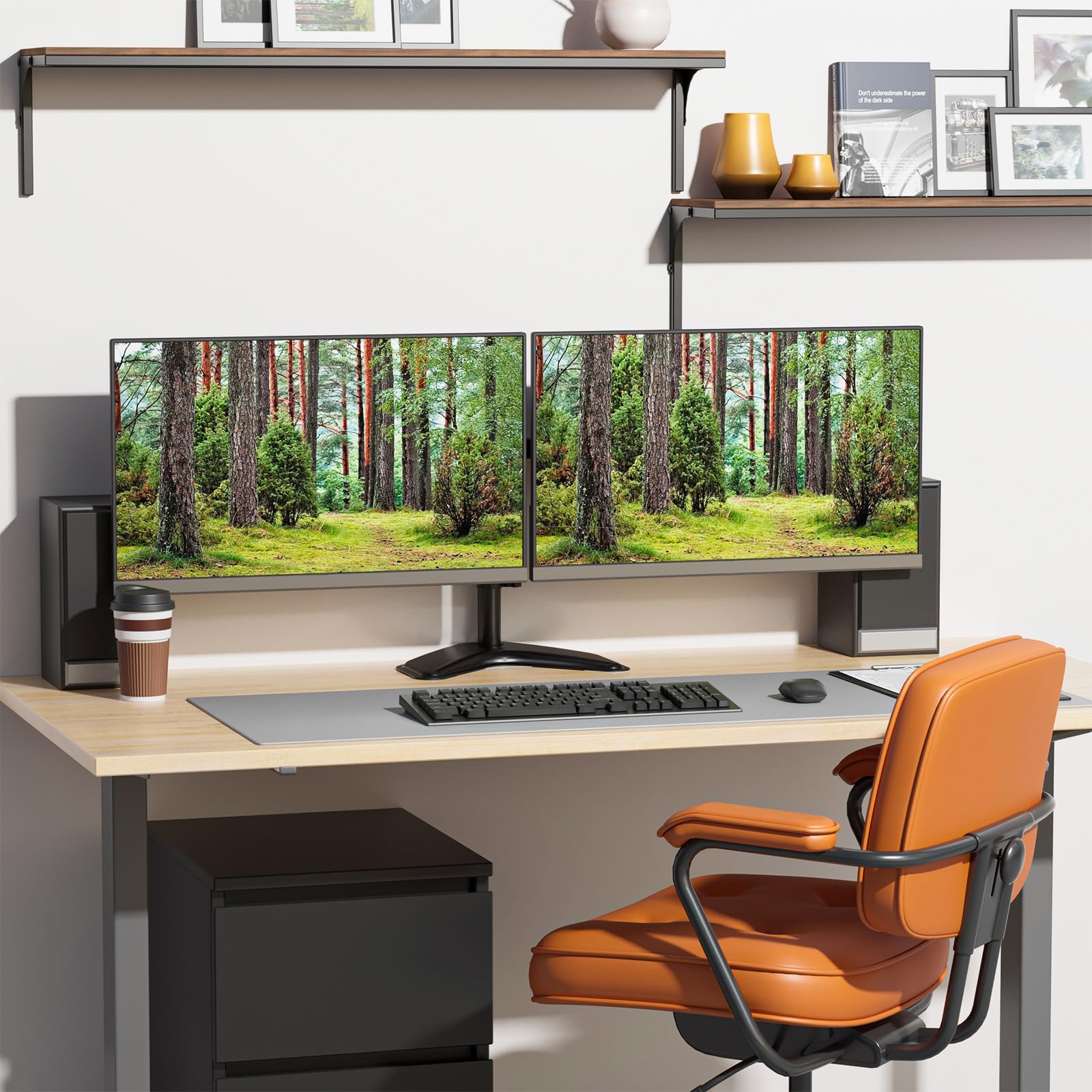 WALI, Doppio supporto da scrivania completamente regolabile per 2 monitor LCD fino a 27", 10 kg di capacità di carico per braccio, con base con occhiello (MF002), nero