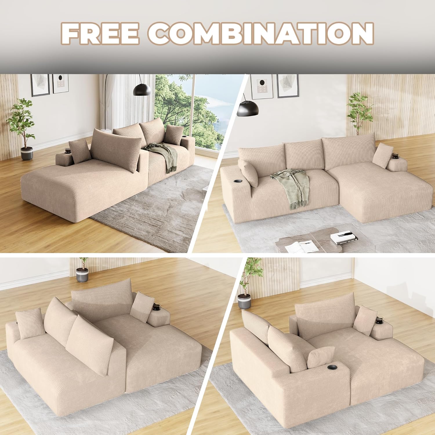 Oversized L Shaped Boneless Couch with Wide Right-Facing Chaise, 113" Fluffy Cloud Sectional Couches for Living Room, Plush Corduroy Memory Foam Modular Sectional Sofa with Cup Holder, Light Brown