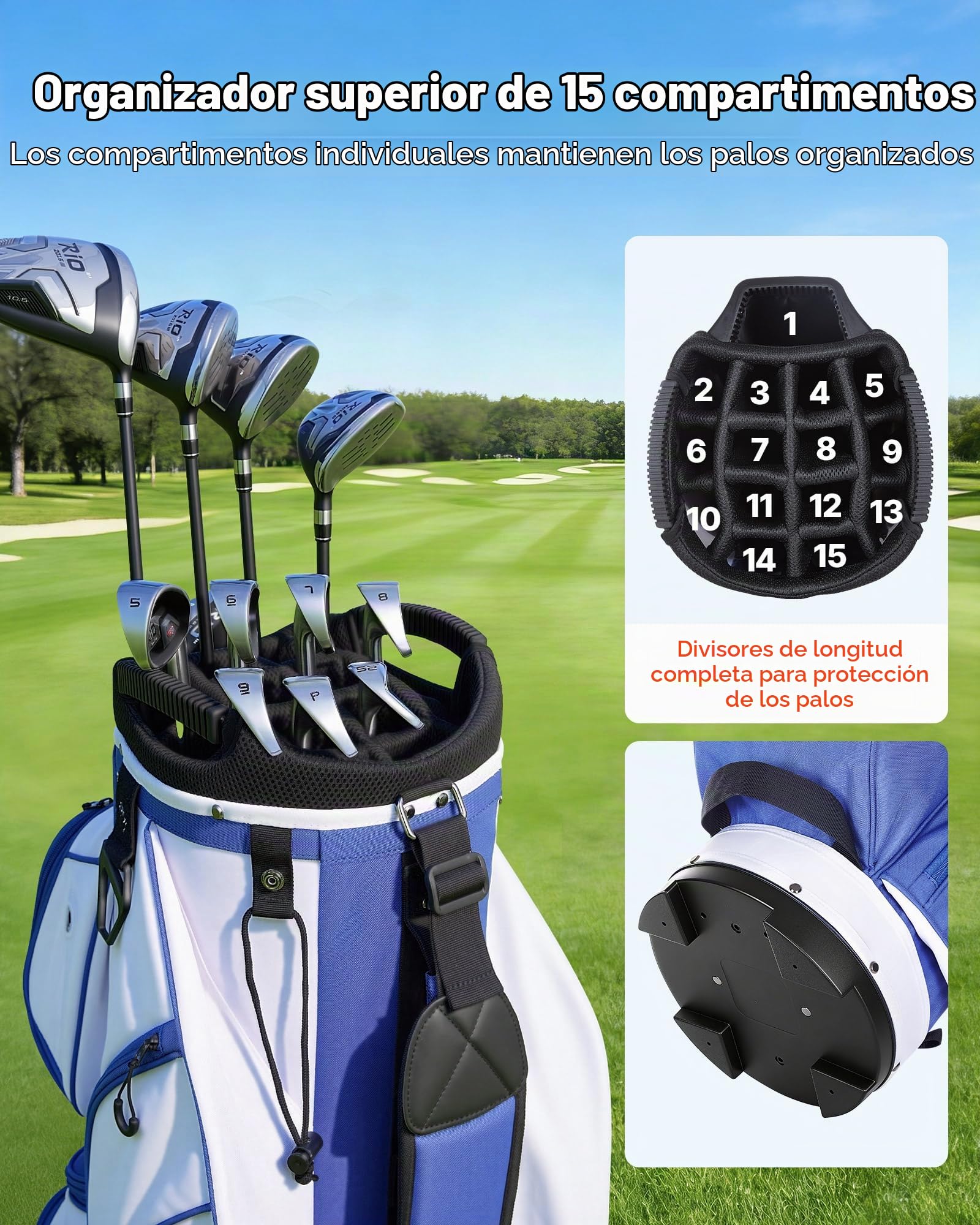 VEVOR Bolsa de Carro para Palos de Golf 15 Compartimentos, 10 Bolsillos, Bolsa para Carrito de Golf de Poliéster, con Correa para Hombro, Cubierta para Lluvia, Cremalleras Suaves, para Adultos