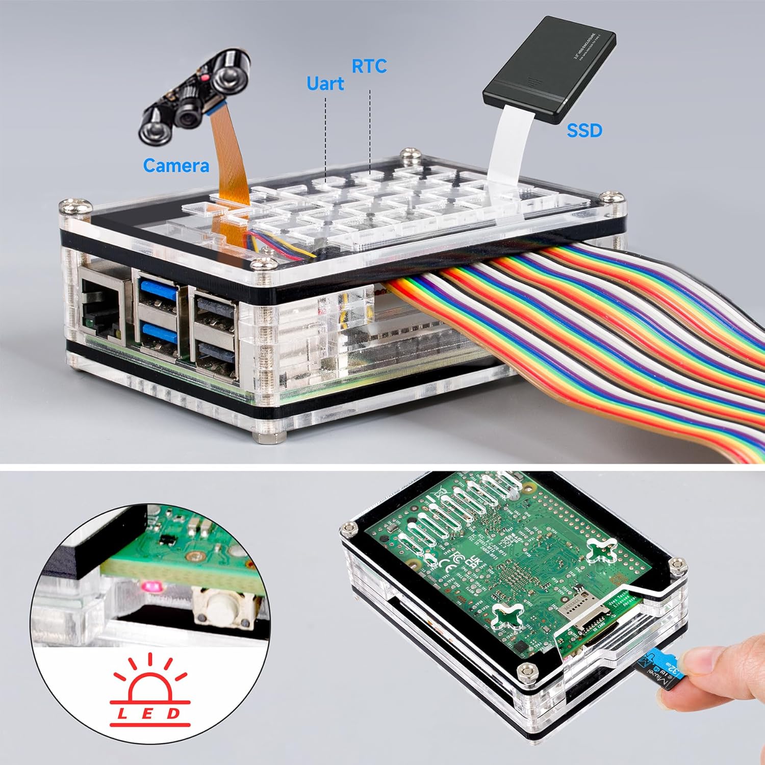 Raspberry Pi 5 with GPIO, camera, and SSD connections