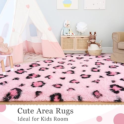 Miniatura 5 de Alfombra de sala de estar, alfombra de 5 x 8 pies para habitación de niños, alfombra mullida para dormitorio, alfombra de leopardo rosaguepardo,