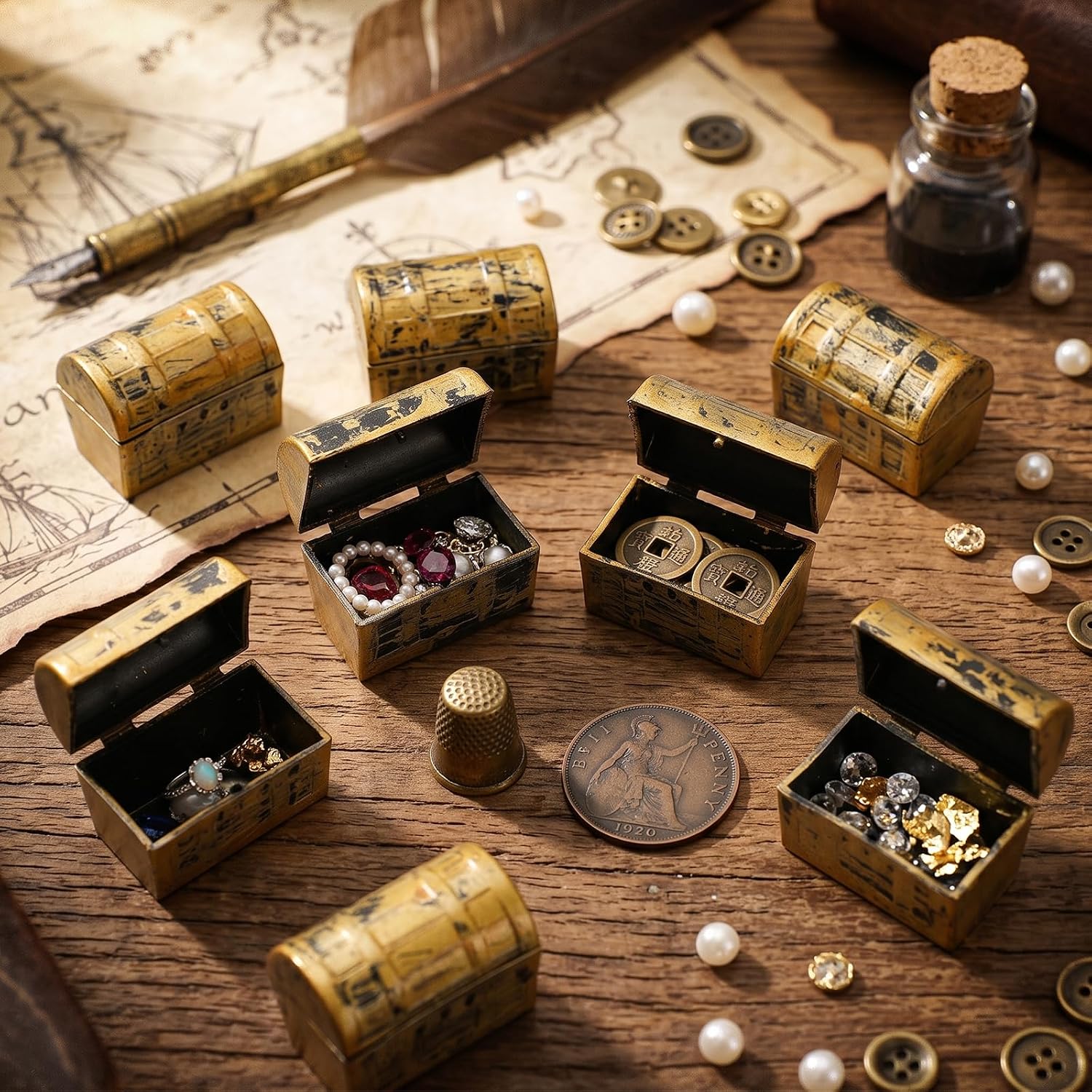 Mini Pirate Treasure Chest Box,Diving Gems Pool Set,Gold finish Vintage Pirate Jewelry Treasure Chest with Diamond for Play Halloween Christmas Birthday Party Favors Prizes (36pcs-S) image 5