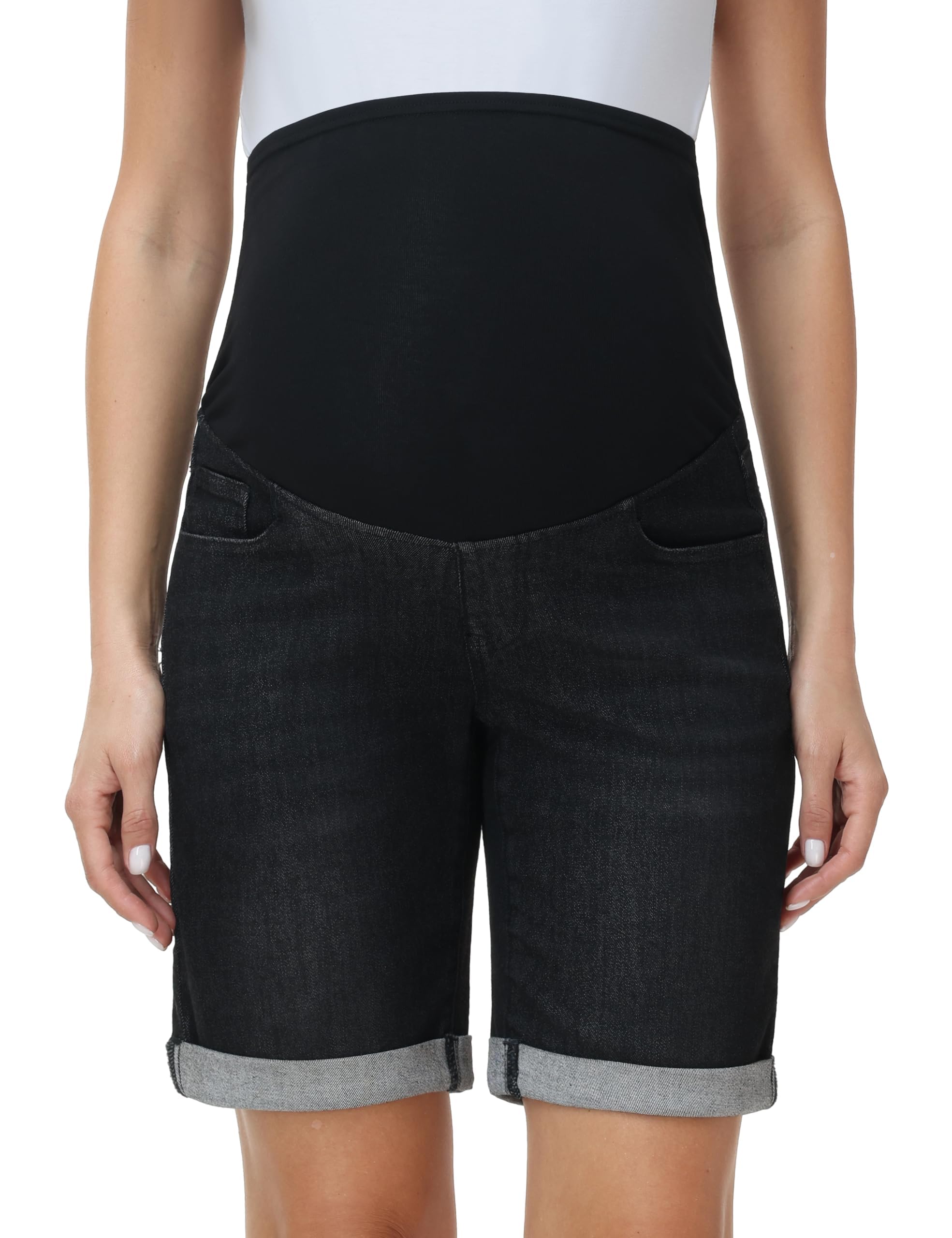 Pantalones vaqueros cortos de maternidad, pantalones vaqueros por encima del abdomen, dobladillo doblado, pantalones cortos de maternidad - 3