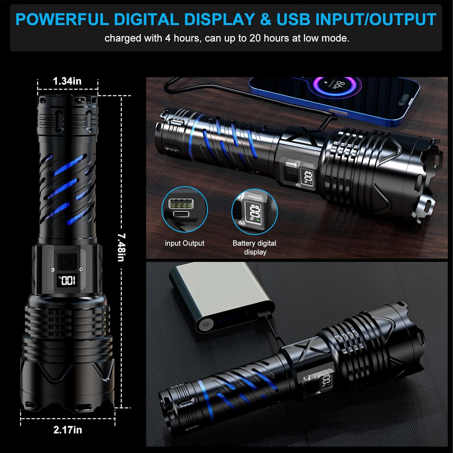 Karrong Rechargeable Flashlight with digital display and USB ports