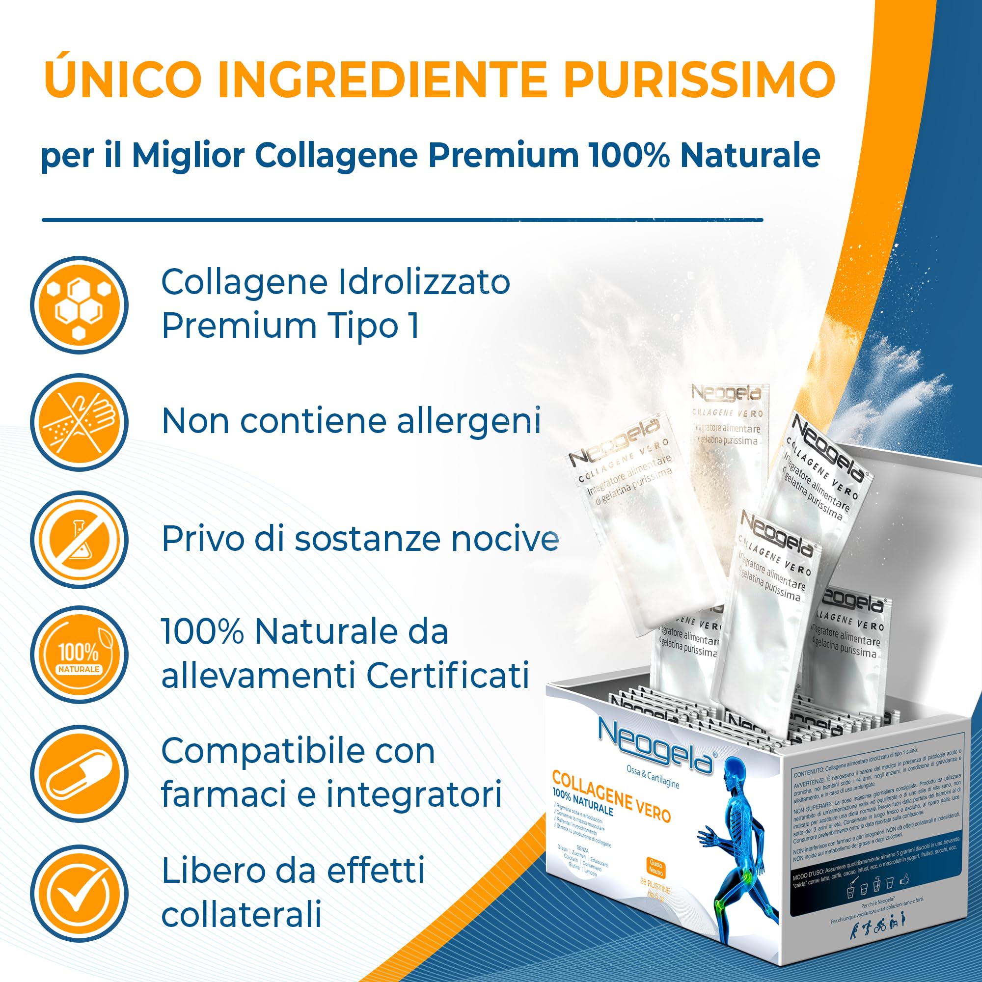 Neogela - 98% di collagene purissimo (Formato da 140gr, Prodotto Naturale) - Scatola da 28 Buste da 5gr - Benessere Osseo e Articolare