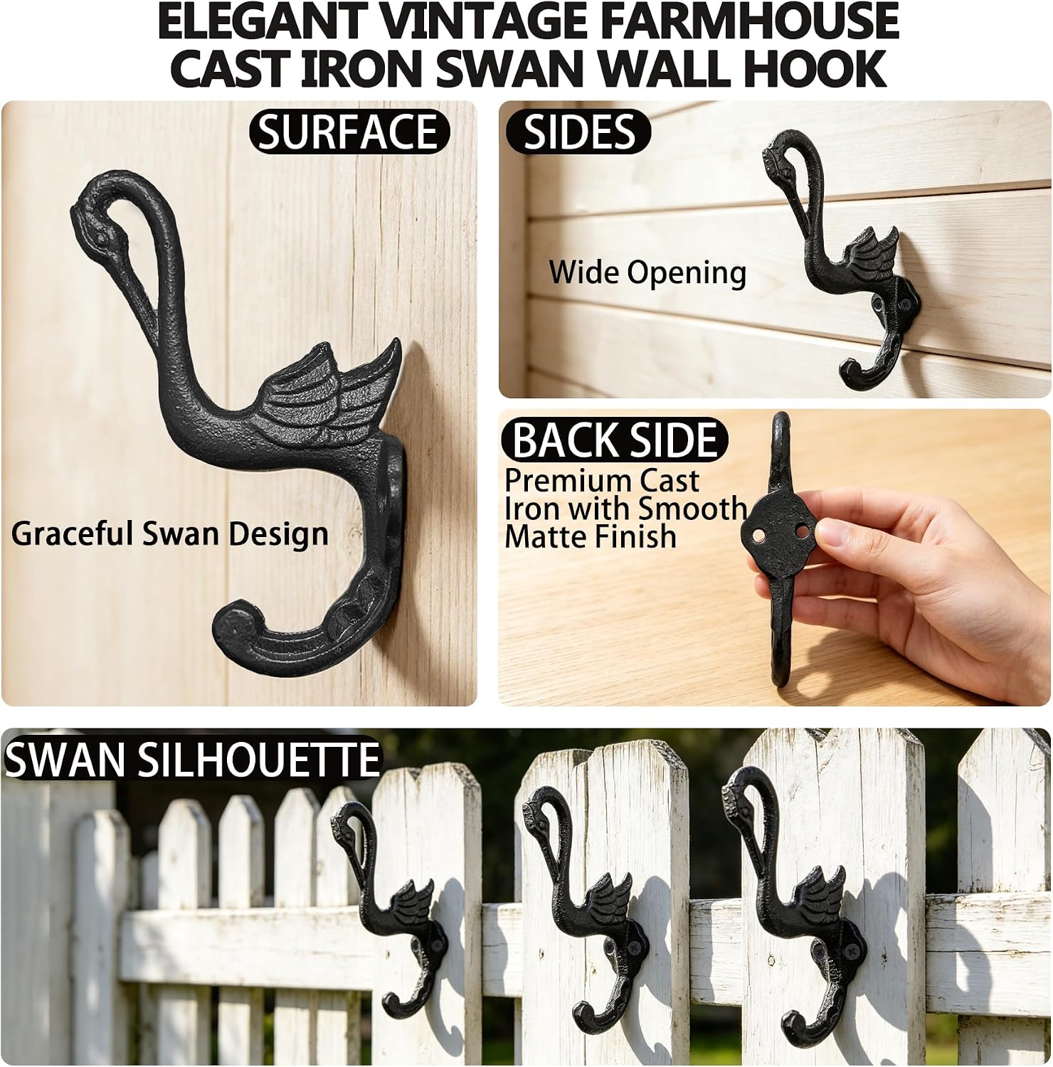 Vintage Swan Cast Iron Coat Hook – 5.5 * 3.7In Rustic Farmhouse Double Hook Rack for Hanging Hats Towels Robes Bags&Keys 2.7" Opening, for Entryway Bathroom Bedroom 2Pcs