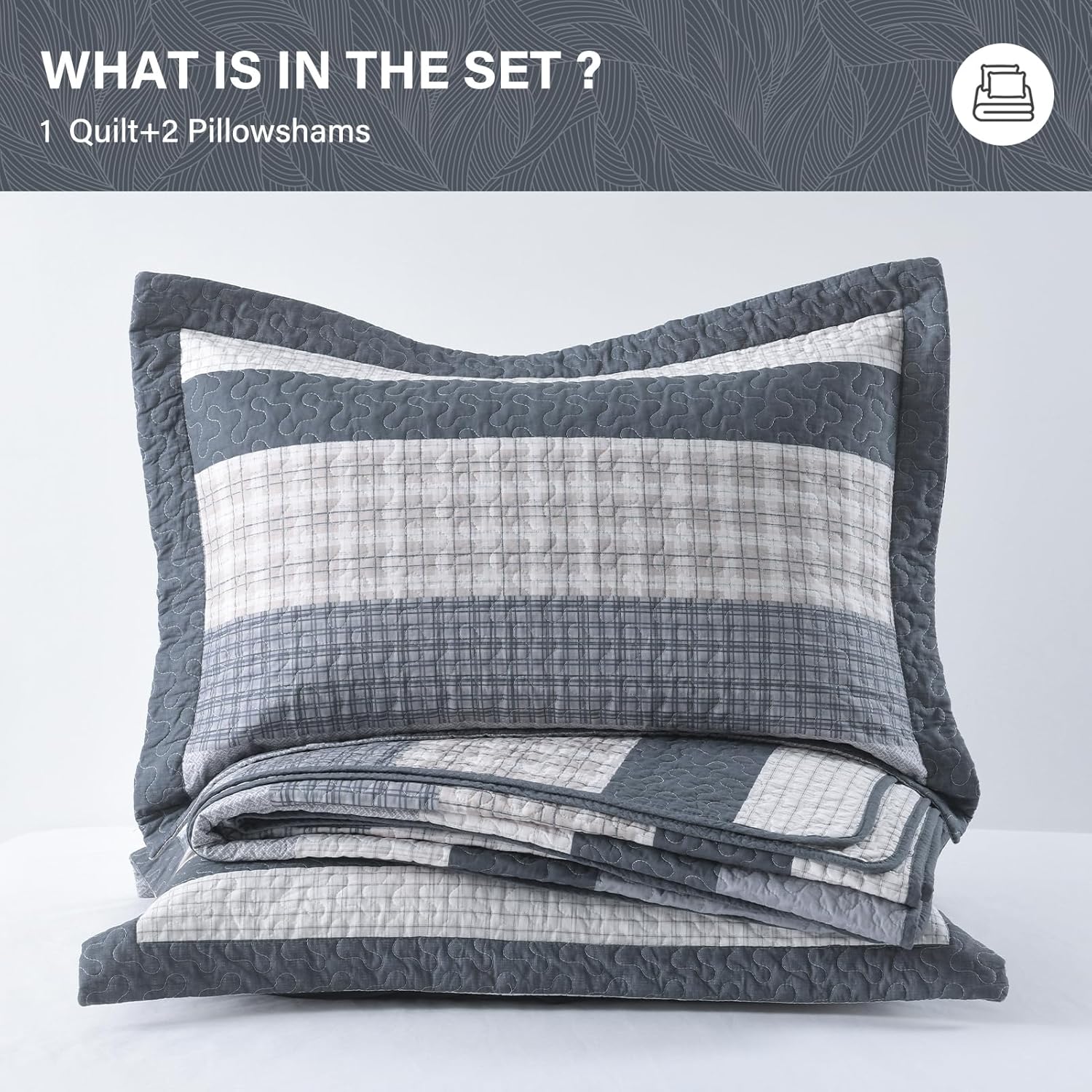 SahSahCasa Quilt Set King Size, 100% Cotton, King Comforter Set, Striped Quilted Bedspreads, Farmhouse King Bedding Set, Lightweight Bed Spread for All Season, Gray/Beige, 3pcs - Image 7