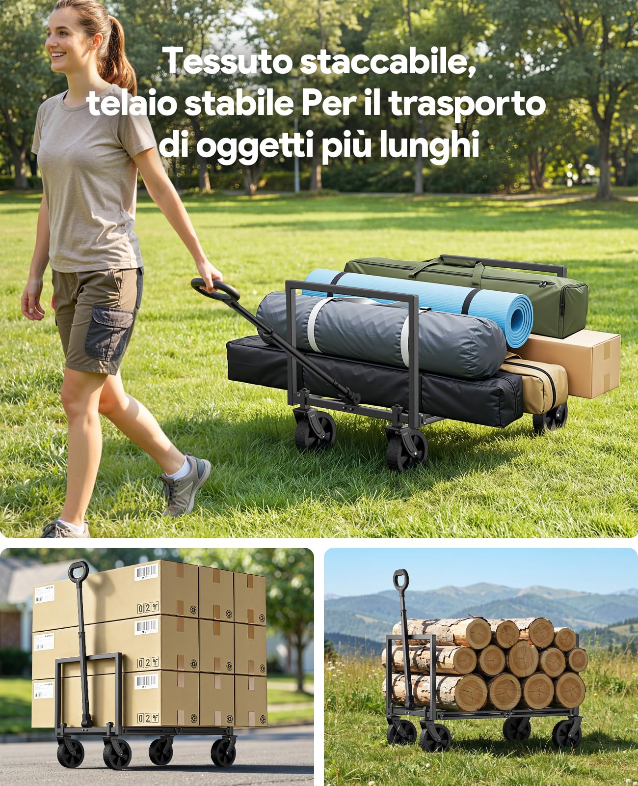 Carrelli Pieghevoli, Carrello a mano pieghevole da 330 Libbre, Carrelli Pieghevoli Resistenti con Ruote, Carrello Portatile Multiuso per Campeggio, Spesa, Sport, Giardinaggio, Acquisti, Nero Chiaro