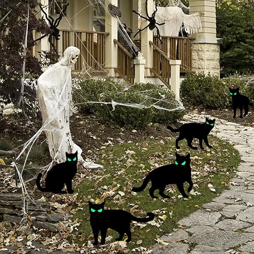 Miniatura 8 de Paquete de 6 letreros de Halloween con diseño de gato negro para patio, decoración de Halloween con estacas de silueta aterradora, decoraciones de