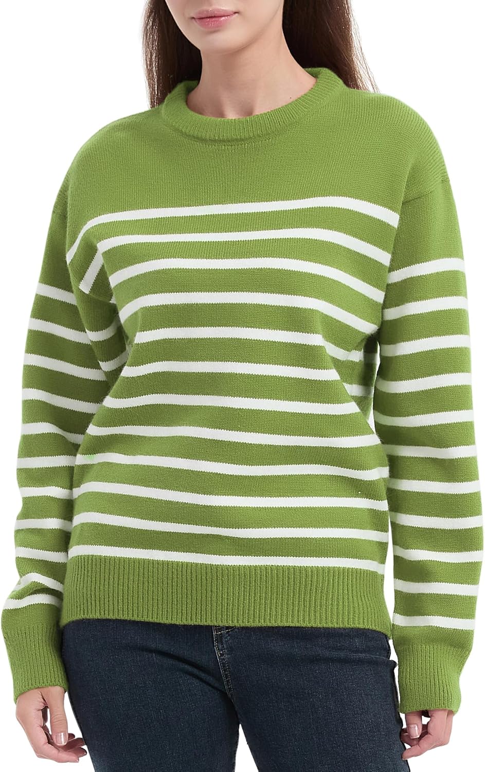 Tronjori Womens Striped Jacquard Crewneck Sweaters Pullover Casual Fall Winter Long Sleeve Knit Tops