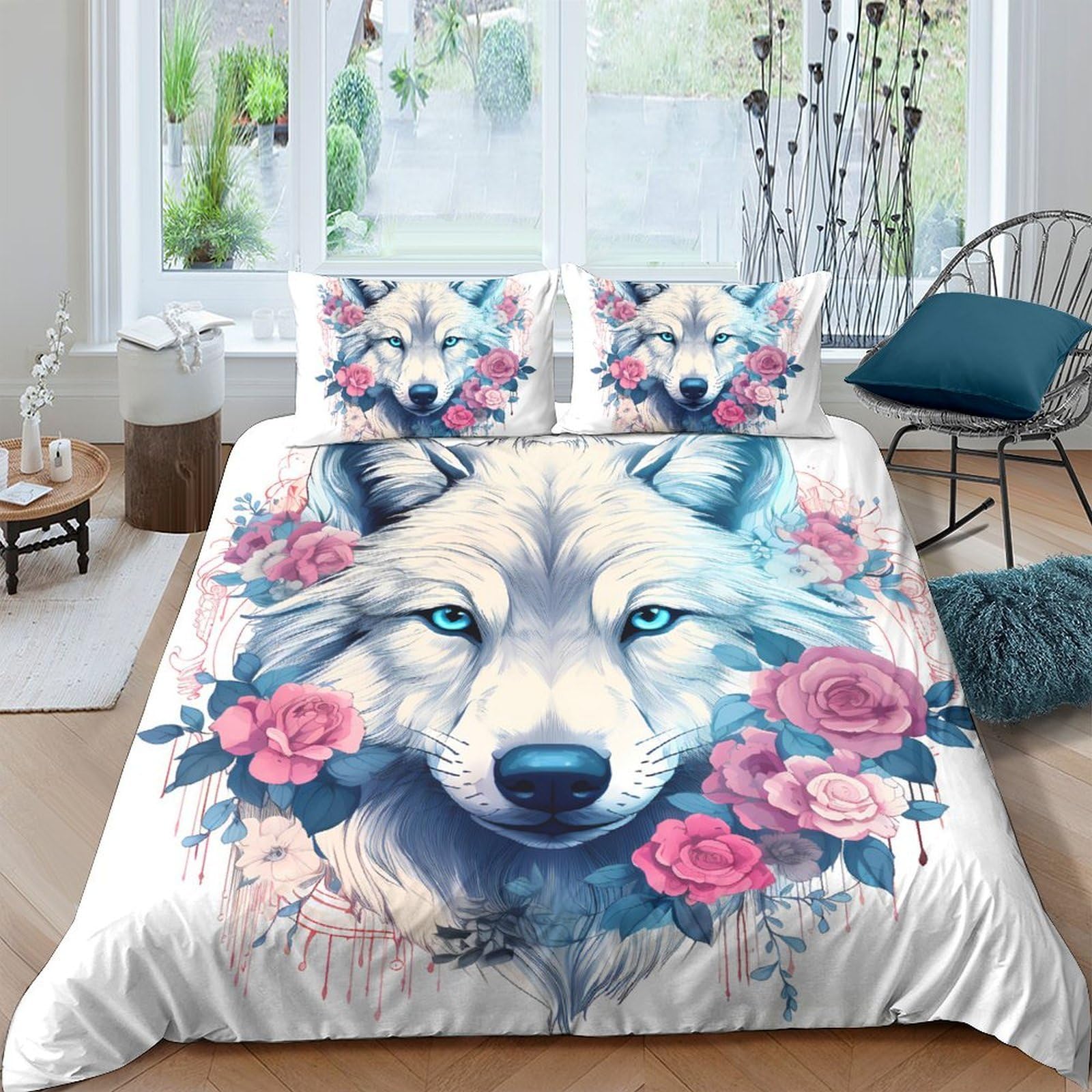 Ctjqhvkz Style-10 3D Printed Wolf Floral Fitted Sheet Microfiber Soft Anti-Slip Bed Cover Bedroom Decor For Adults Teens Single（135X200cm）