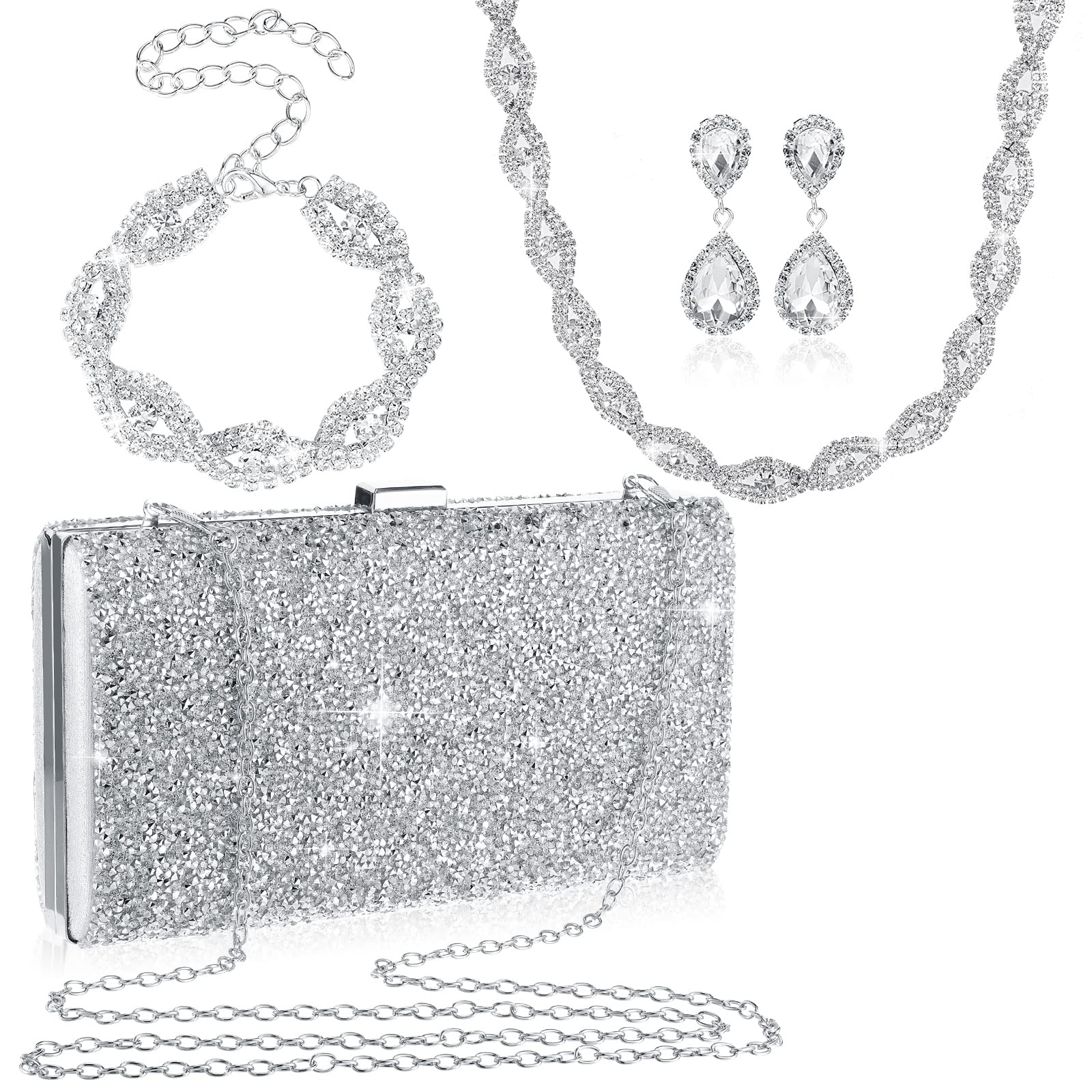 Mixweer 4 Pieces Clutch Purses Bag for Women Evening Rhinestone Jewelry Set Bling Necklace Earrings Bracelets Set for Wedding